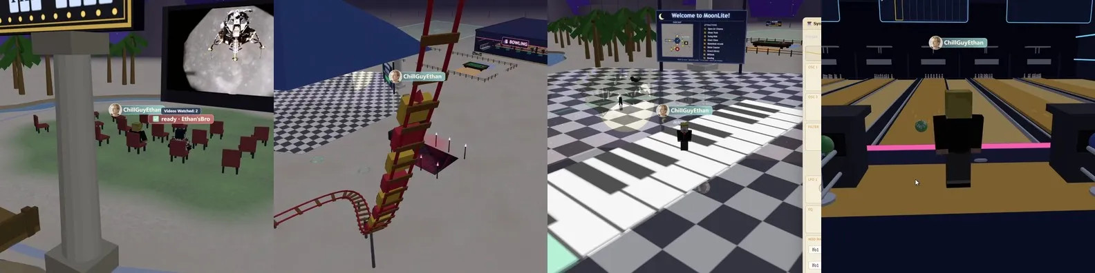 Four in-game scenes: open-air cinema, roller coaster, giant piano floor, bowling alley