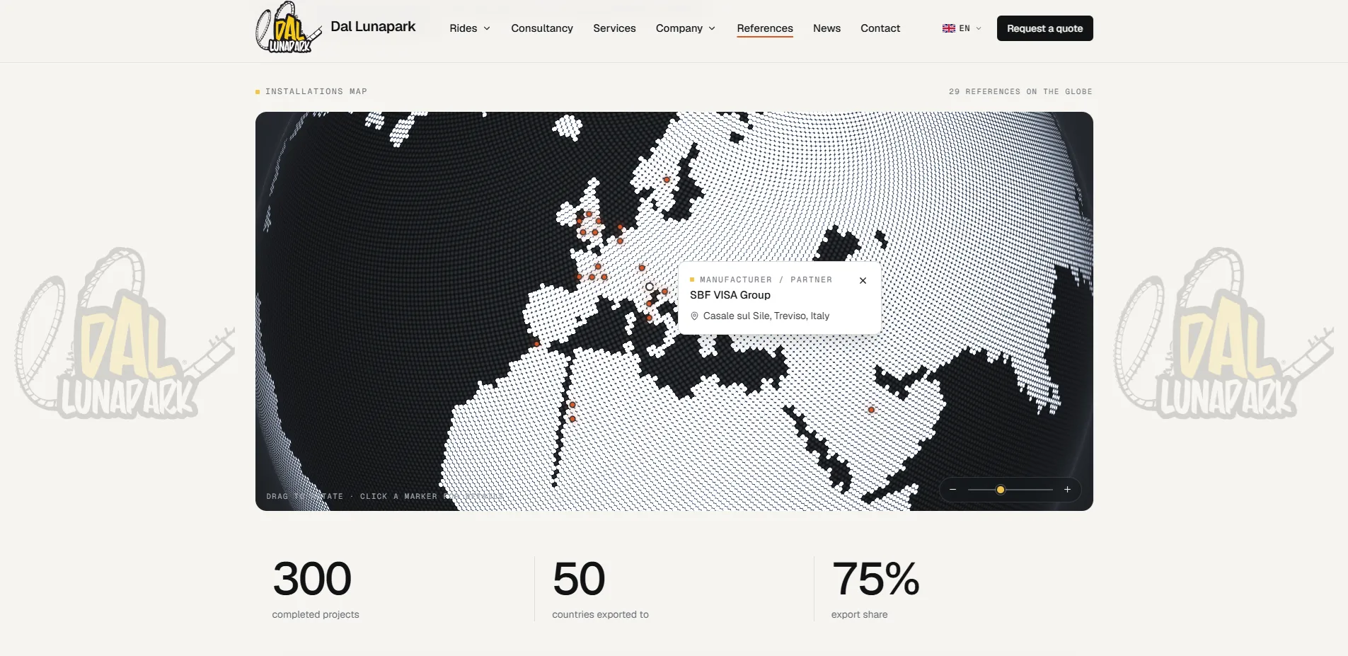 Interactive dotted globe showing installation references