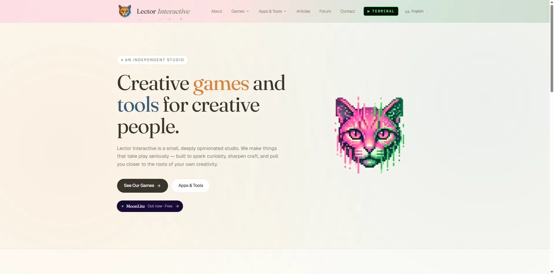 Lector Interactive homepage with a pixel-art cat