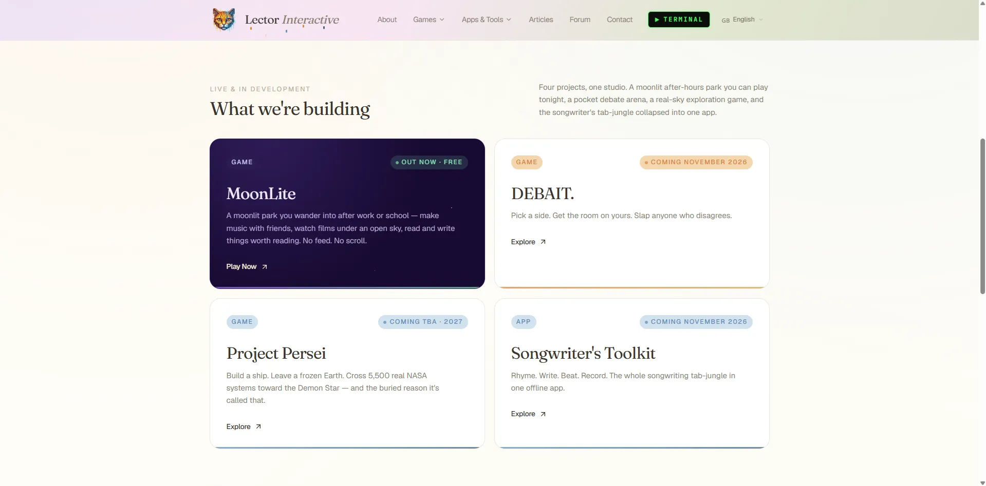 Project cards: MoonLite, DEBAIT., Project Persei, Songwriter's Toolkit