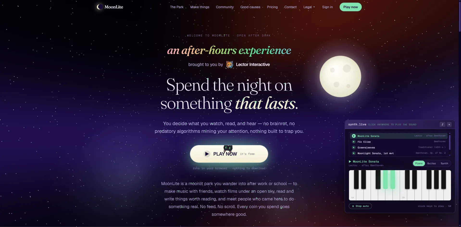 MoonLite landing page with an in-browser synth