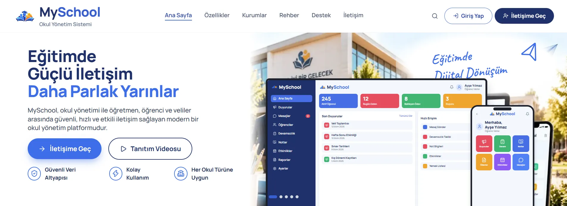 MySchool landing page with dashboard mockups
